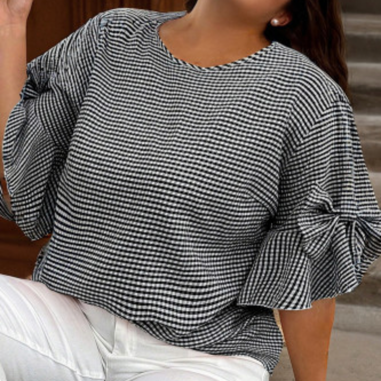 Black Plaid Bow Bell Sleeve top