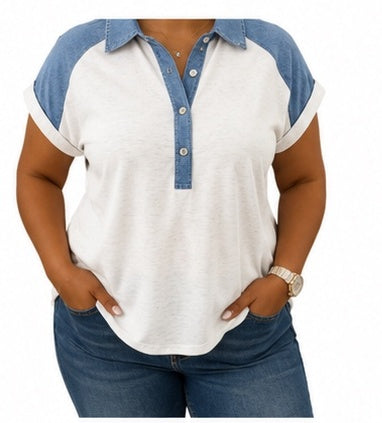 Beige Contrast Denim Patchwork top
